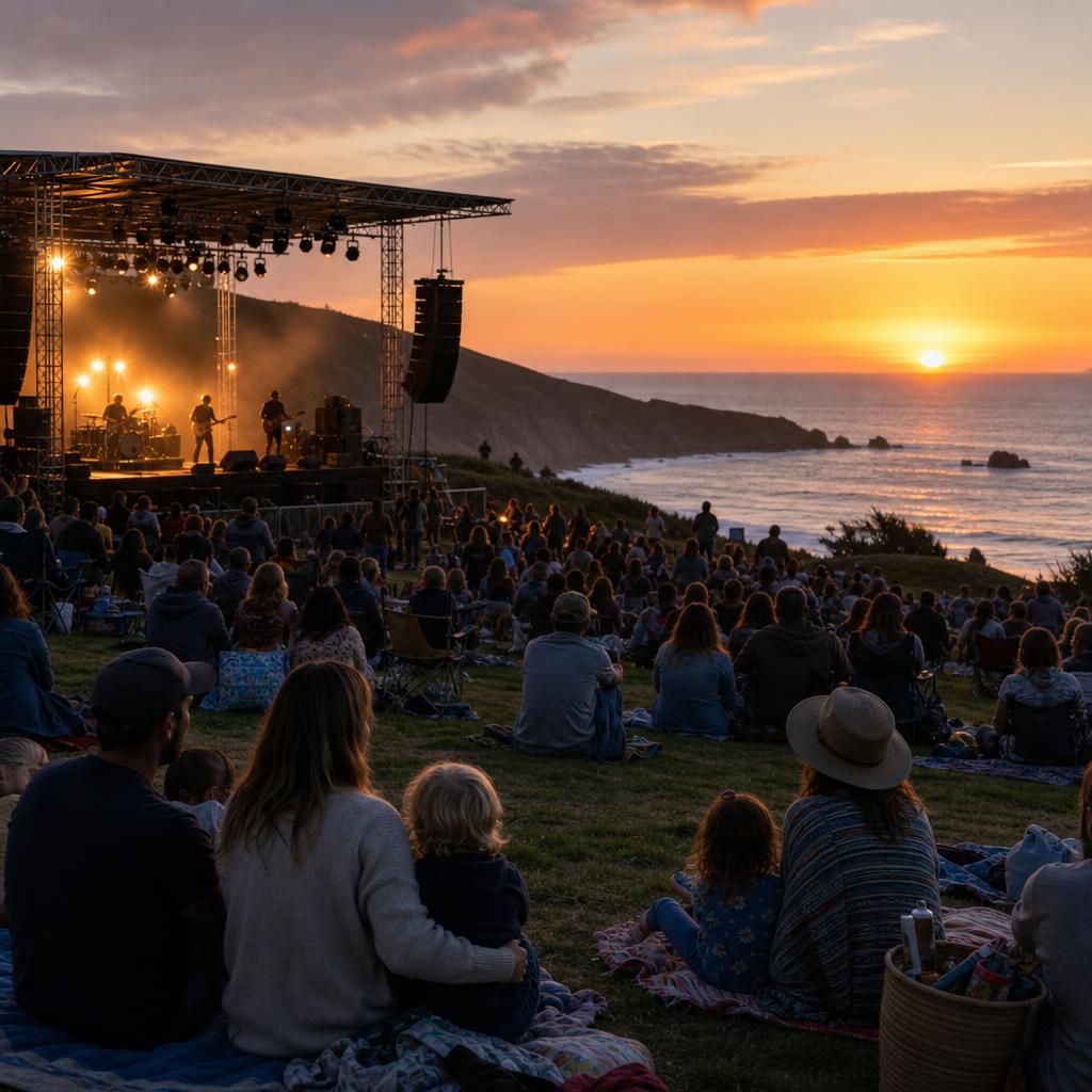 Editorial illustration of a live music festival on a coastal bluff