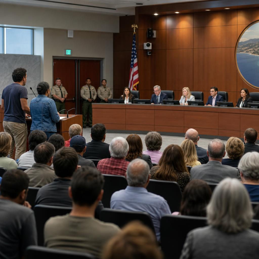 Editorial illustration of a public meeting in a coastal city council chamber