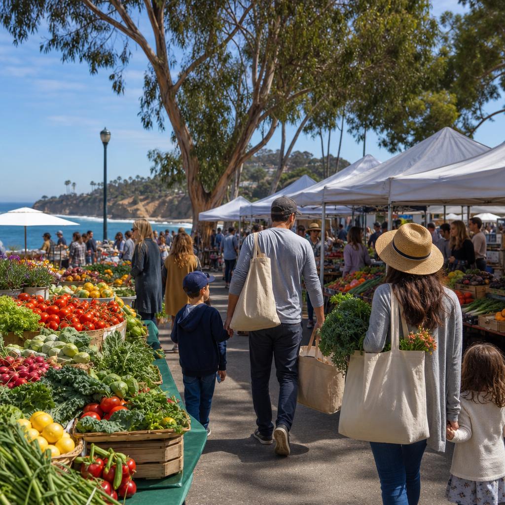 Editorial illustration of a busy coastal California farmers market