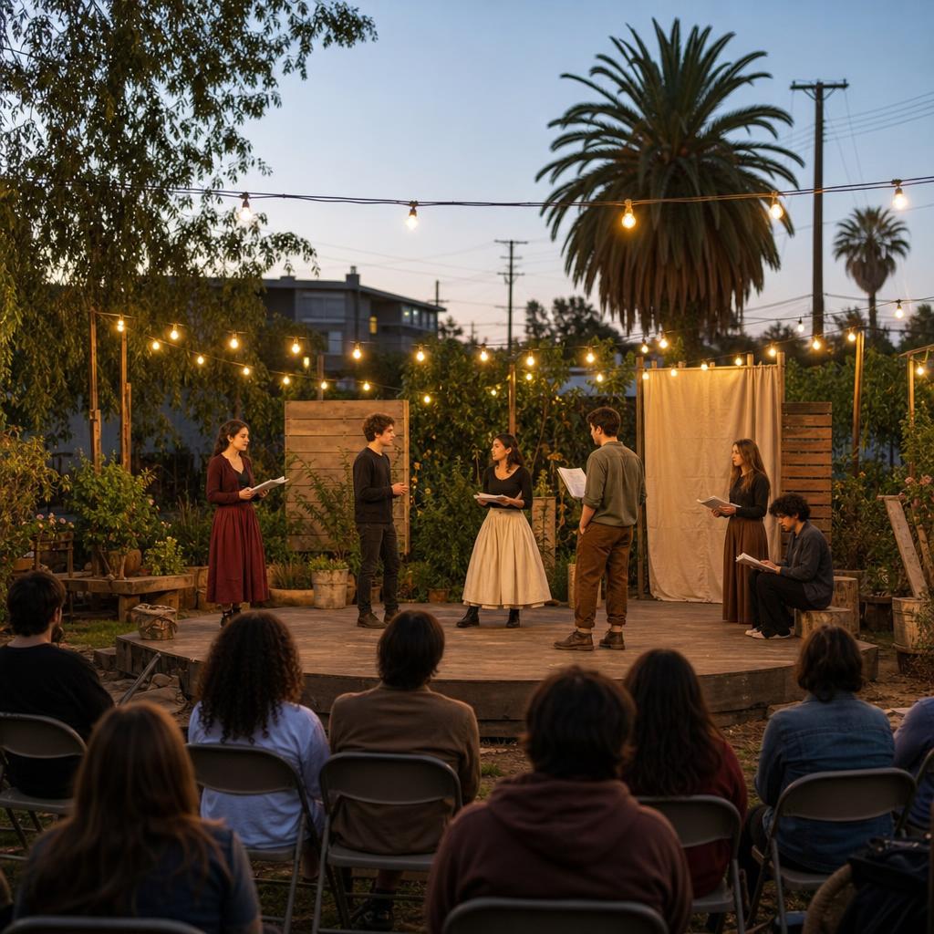 Editorial illustration of young actors performing on an outdoor stage