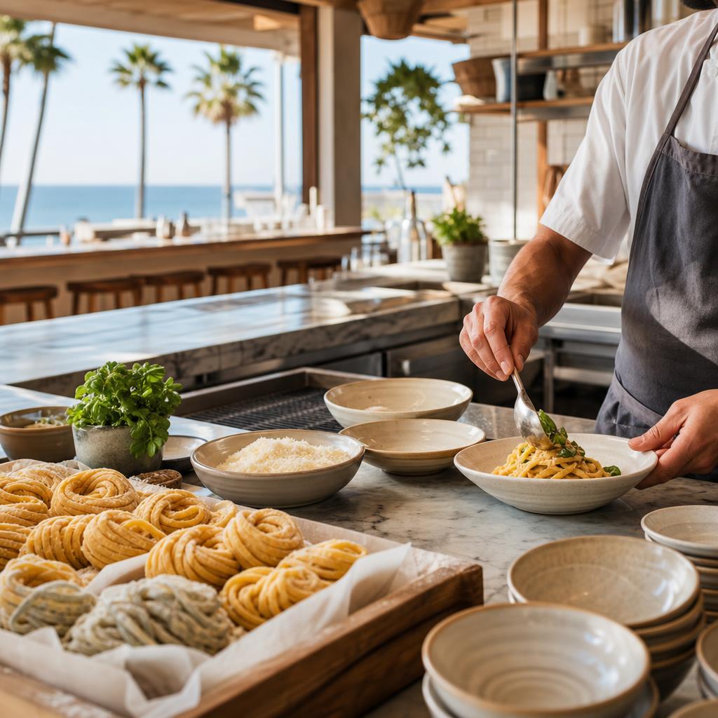 Editorial illustration of a chef plating fresh pasta at a neighborhood counter