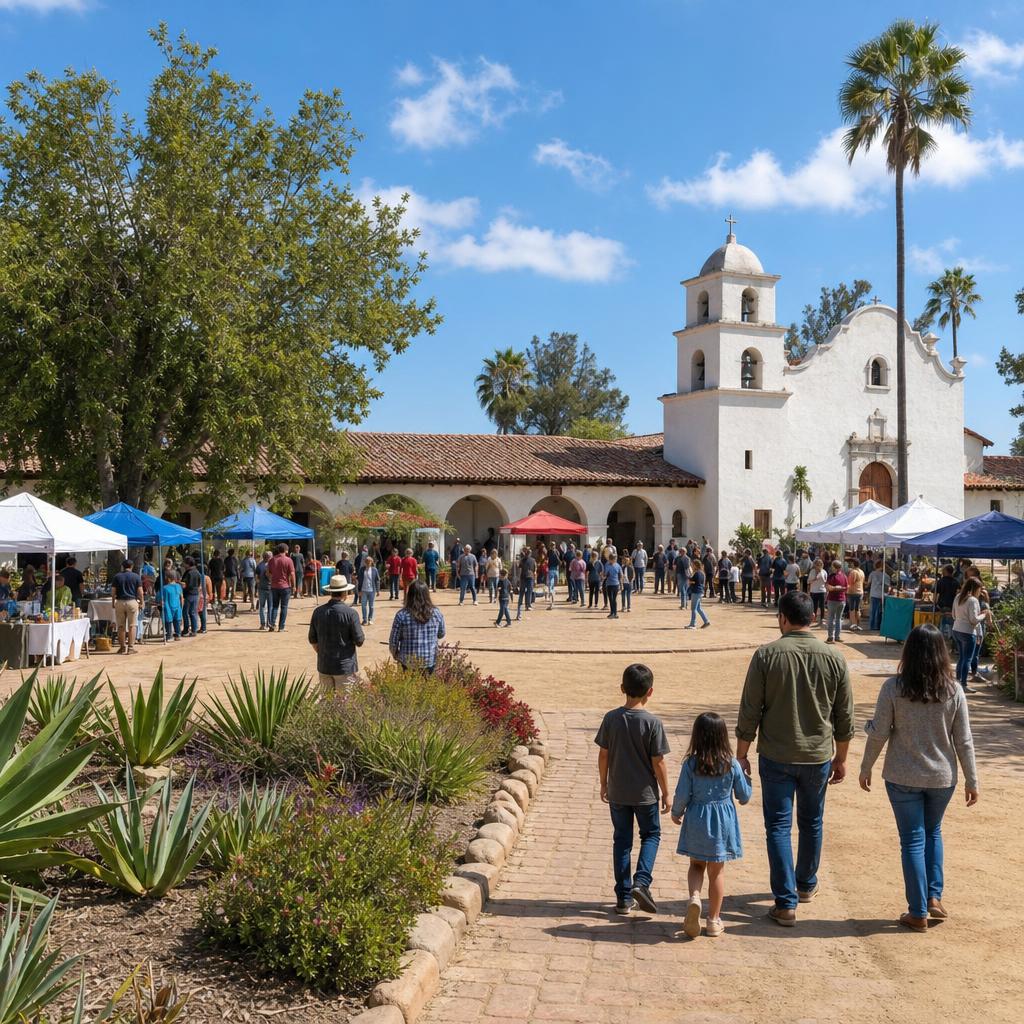 Editorial illustration of an outdoor community gathering at a historic mission plaza