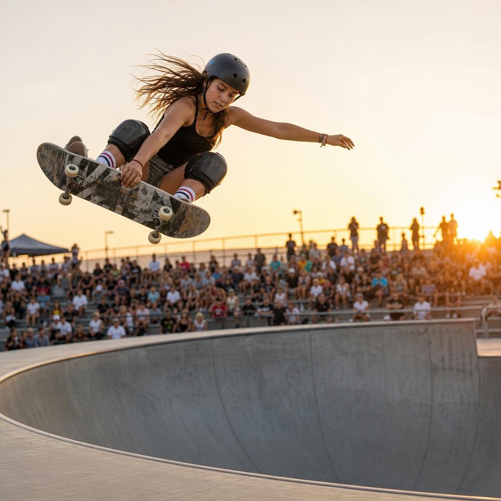 Editorial illustration of a women's park skateboarding competition