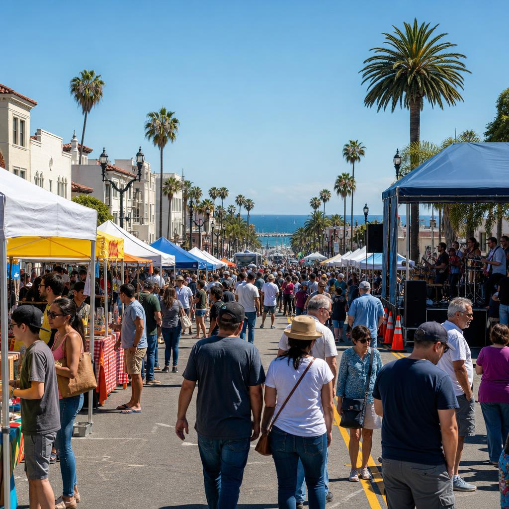 Editorial illustration of a crowded spring street fair in a coastal downtown