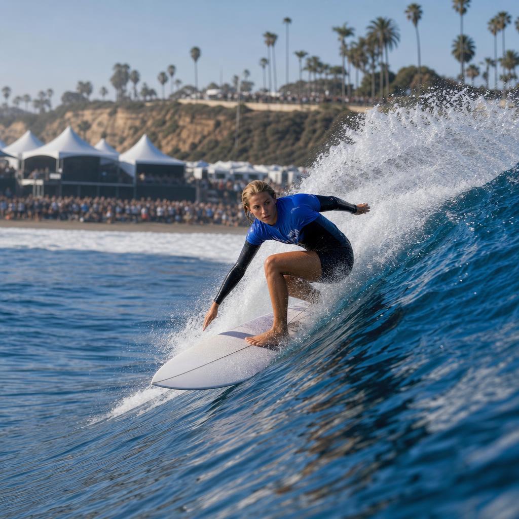 Editorial illustration of a surfer competing on a Southern California wave